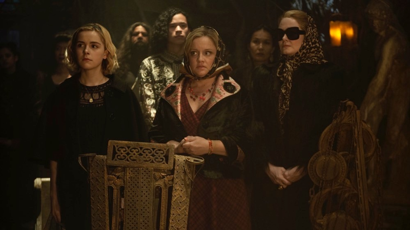 Sabrina and her aunts strike a serious pose on The Chilling Adventures of Sabrina.